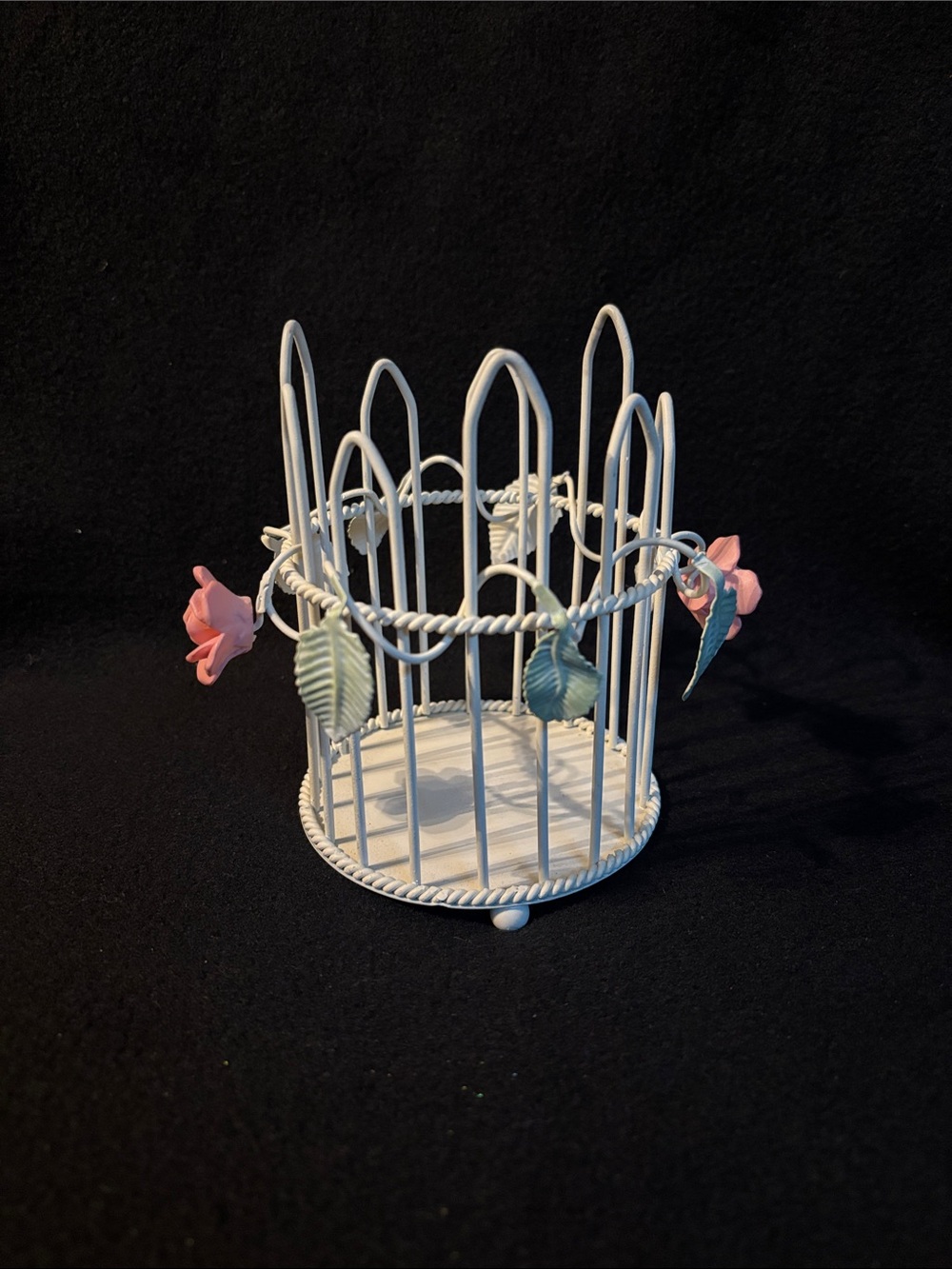 Vintage Rose Garden White Metal Bird Cage Candle Holder, Pink Rose and Green